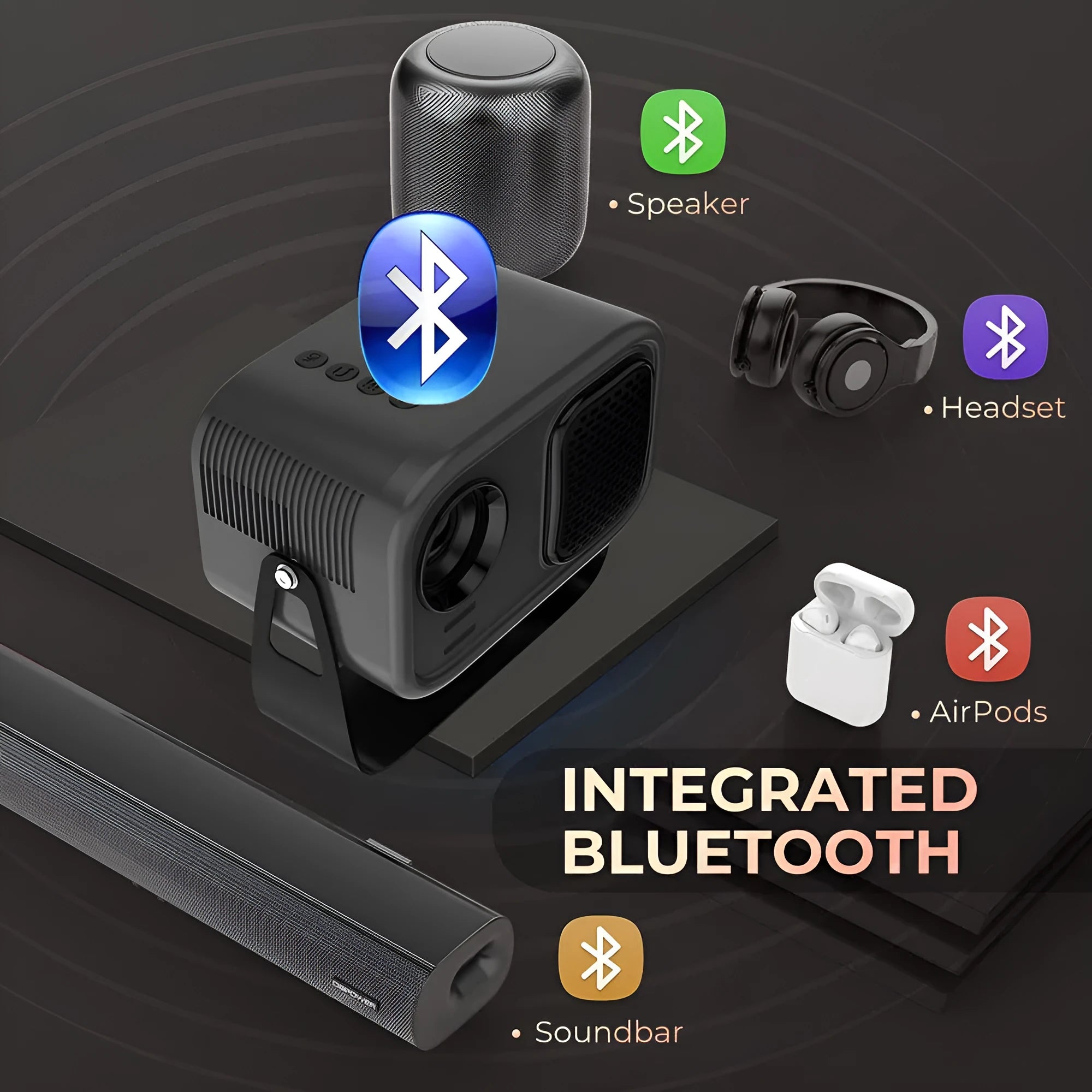 Black compact HD smart portable projector with remote control on a table.