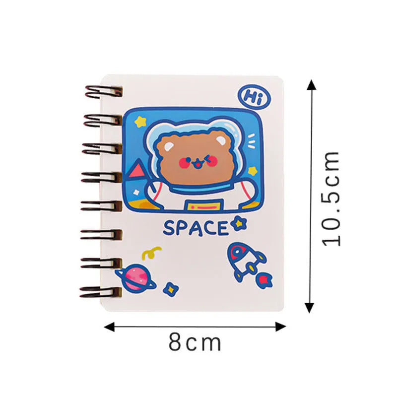 Astronaut-themed pocket flipper notebook showing compact 10.5cm by 8cm dimensions with flip-style binding