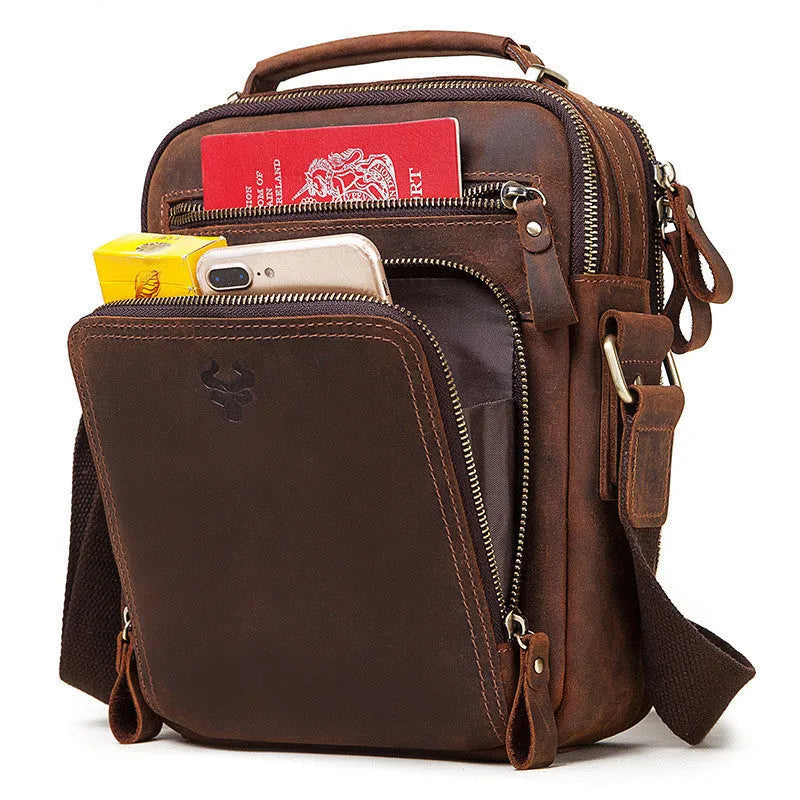 Men's brown Crazy Horse leather crossbody bag with European retro styling and sewing line details
