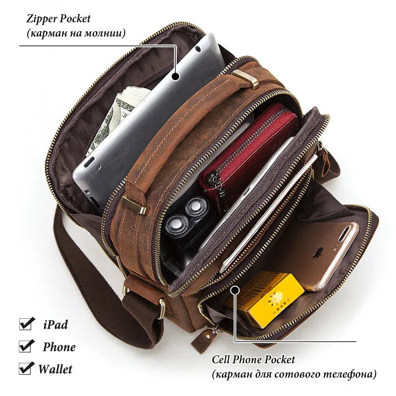 Men's brown Crazy Horse leather crossbody bag with European retro styling and sewing line details