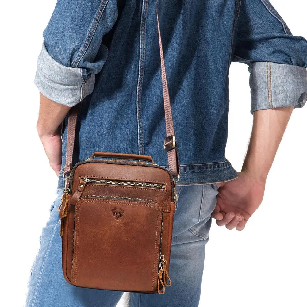 Men's brown Crazy Horse leather crossbody bag with European retro styling and sewing line details