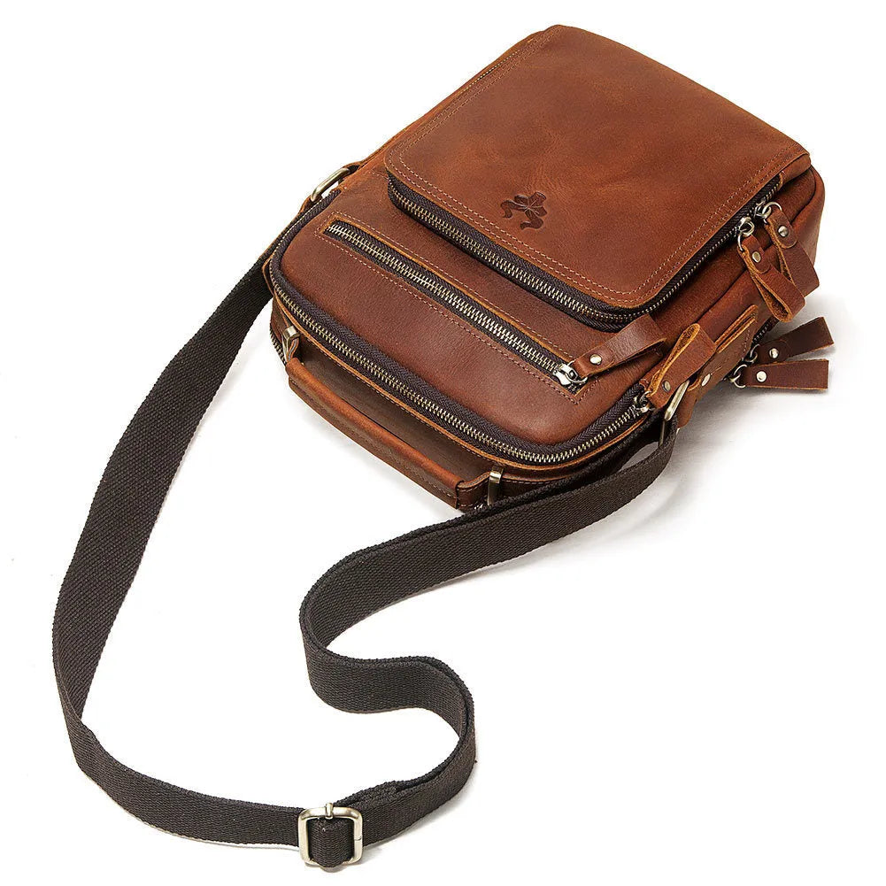 Men's brown Crazy Horse leather crossbody bag with European retro styling and sewing line details