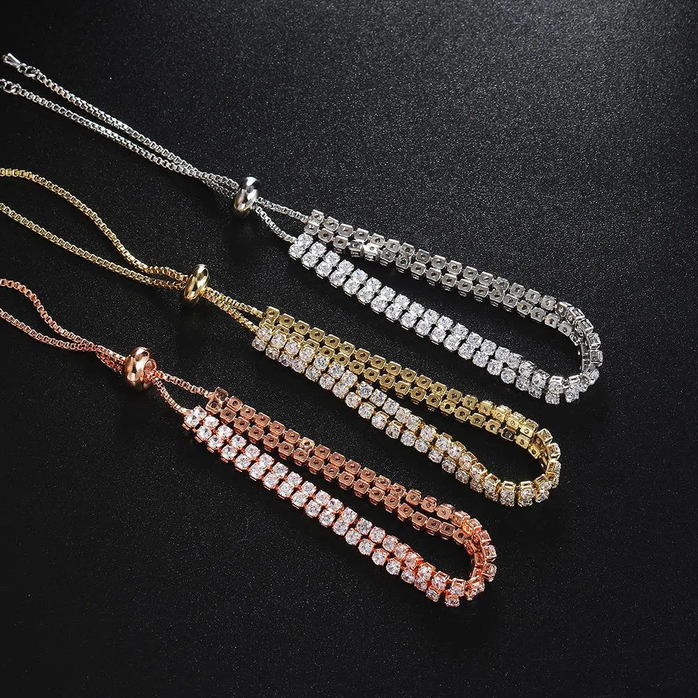 Fashion double row zircon bracelet for women, copper metal, rhinestone stones, platinum white colour option