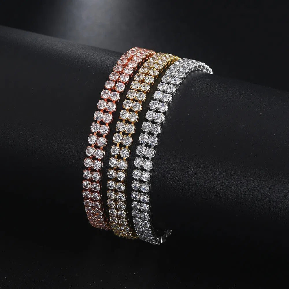 Fashion double row zircon bracelet for women, copper metal, rhinestone stones, platinum white colour option