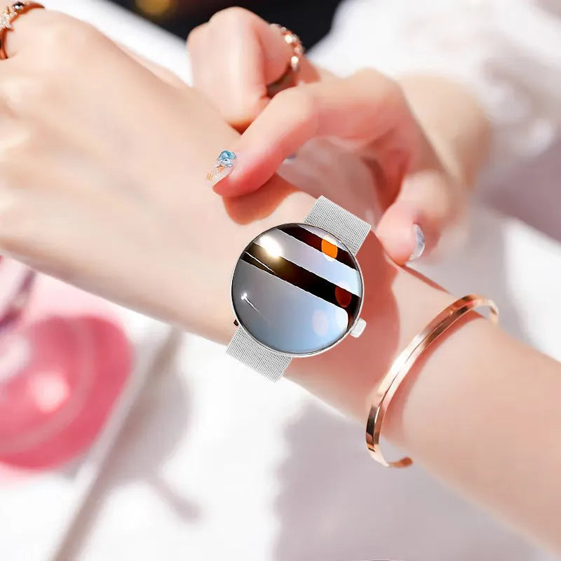 Circular smart watch with metal strap and colour touch screen display