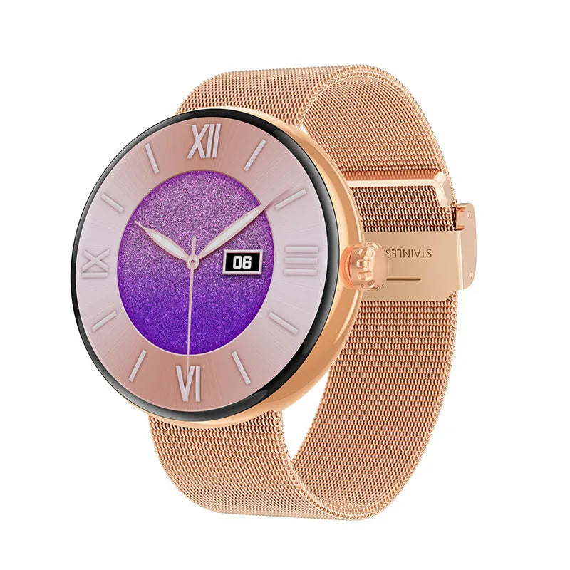 Circular smart watch with metal strap and colour touch screen display