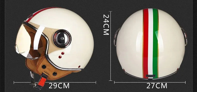 White, red, and green ABS plastic half helmet for motorcycle and electric bicycle riders on a grey background.
