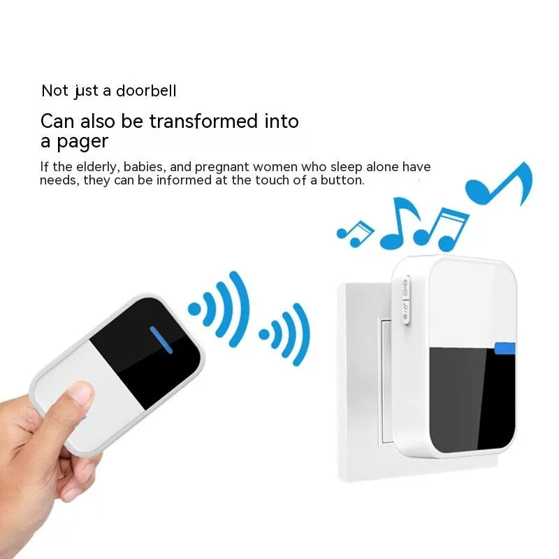 Modern white wireless doorbell receiver and self-generating transmitter on a table.