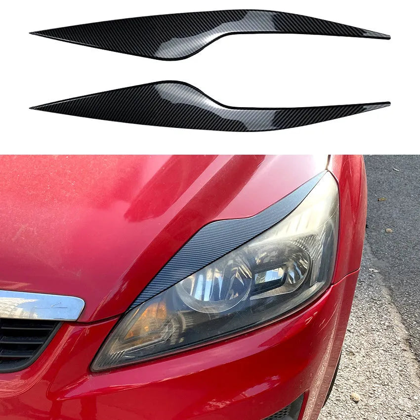 Pair of ABS plastic headlight eyebrow stickers for Ford Focus in carbon fibre pattern and piano black finish