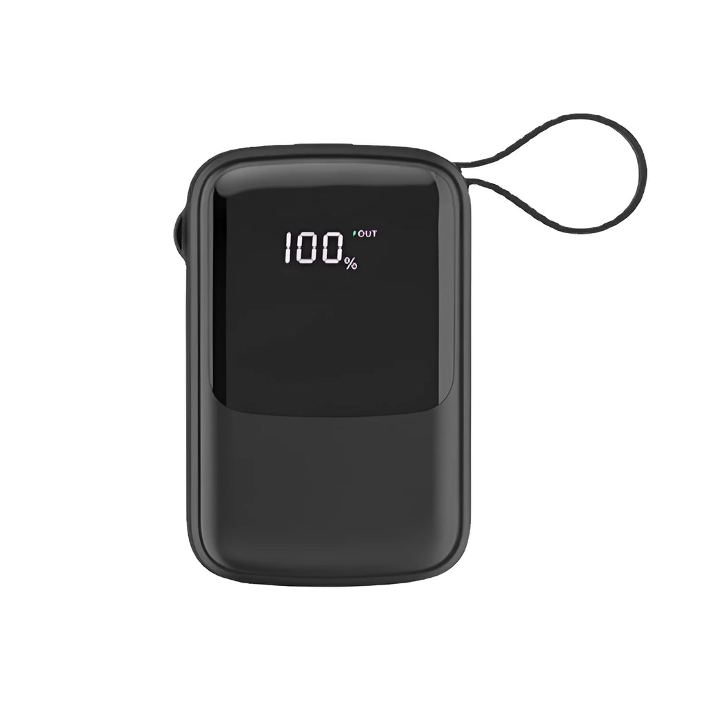 Portable power bank with multi-USB output, 104mm dimensions, black plastic shell