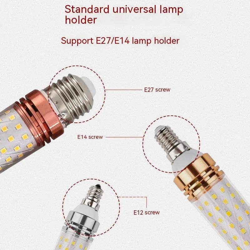 E14 screw base corn LED light bulb with visible LED beads and copper bracket inside.