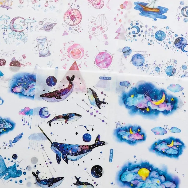 Japanese paper sticker sheet set with fantasy stars pattern, size 10.5 by 14.1 cm