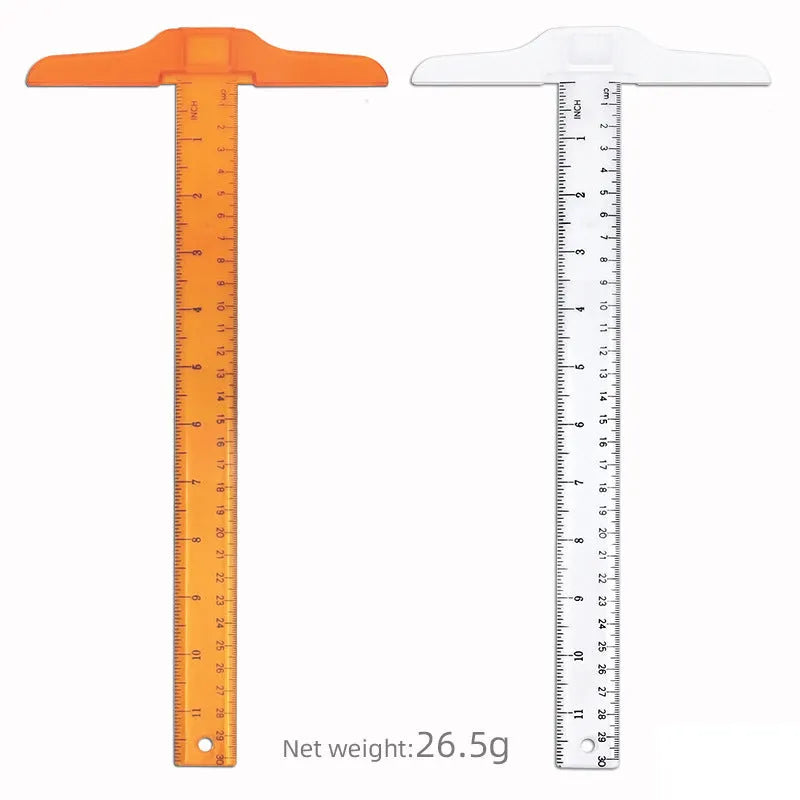30cm plastic T-shaped ruler in transparent or orange with UK or dual-centimetre markings