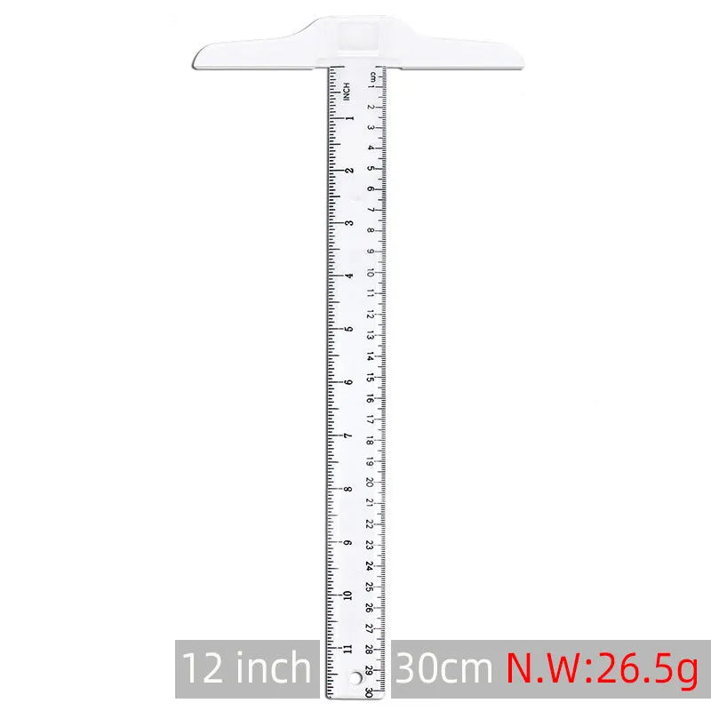 30cm plastic T-shaped ruler in transparent or orange with UK or dual-centimetre markings