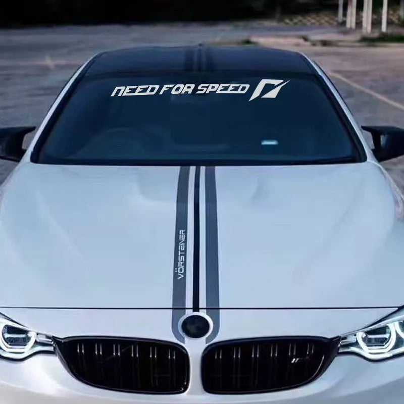 Need For Speed branded car sticker on a vehicle windshield, shown in rose red and silver white colour options.