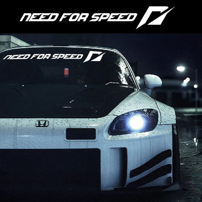 Need For Speed branded car sticker on a vehicle windshield, shown in rose red and silver white colour options.