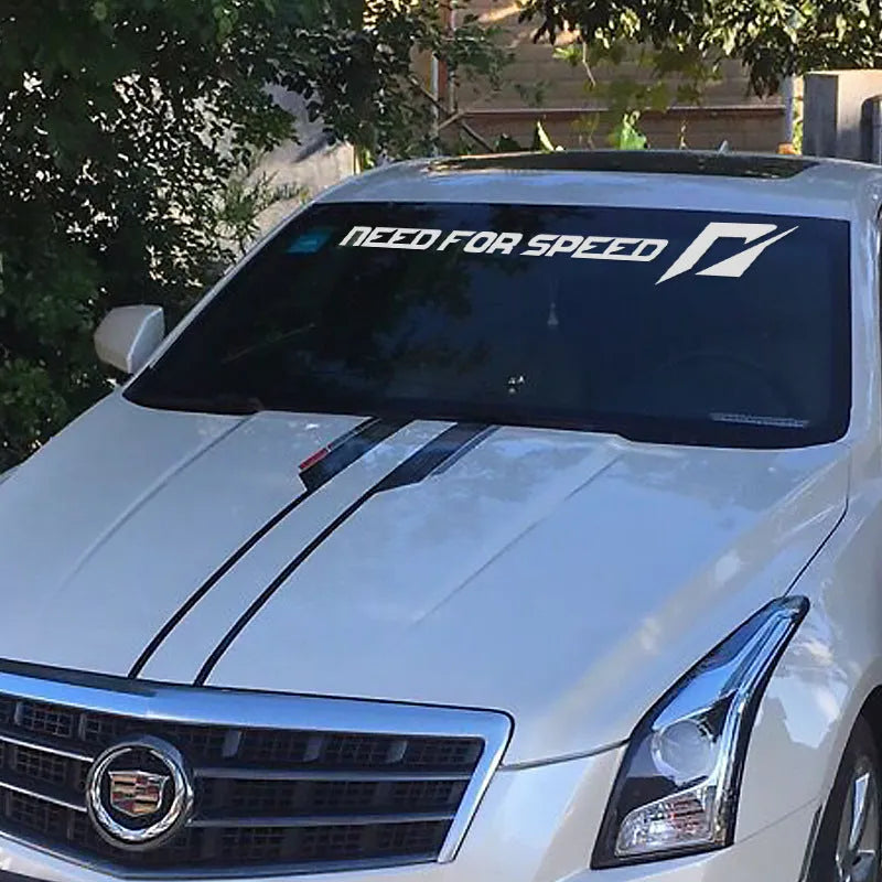 Need For Speed branded car sticker on a vehicle windshield, shown in rose red and silver white colour options.