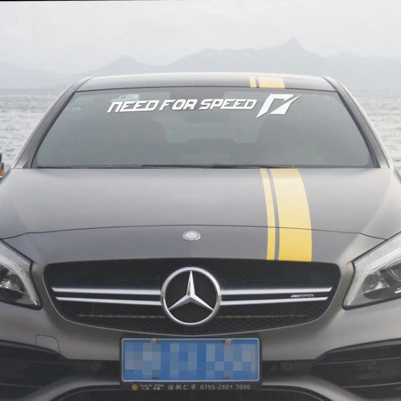 Need For Speed branded car sticker on a vehicle windshield, shown in rose red and silver white colour options.