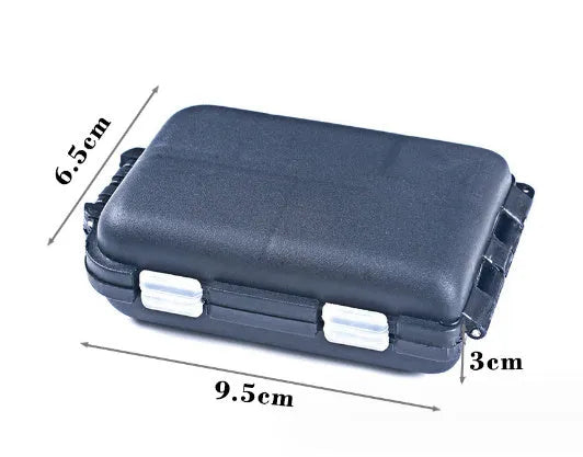 Black plastic fishing tackle storage box with 10 small grid compartments