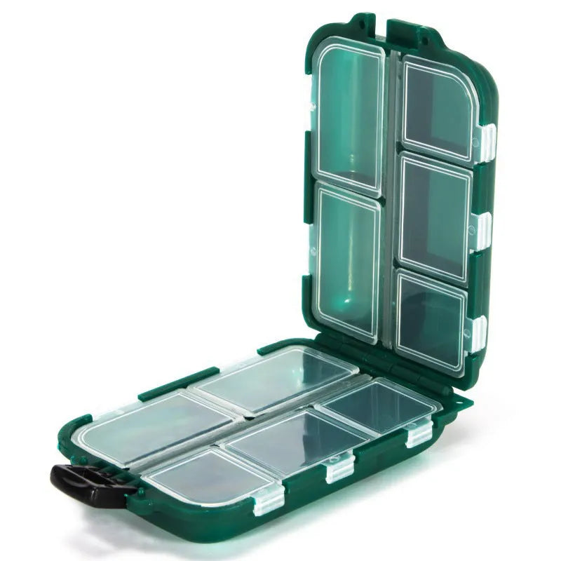 Black plastic fishing tackle storage box with 10 small grid compartments