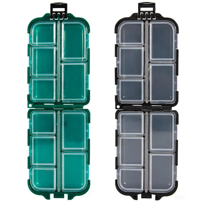 Black plastic fishing tackle storage box with 10 small grid compartments