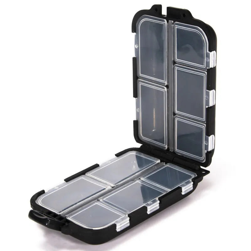 Black plastic fishing tackle storage box with 10 small grid compartments
