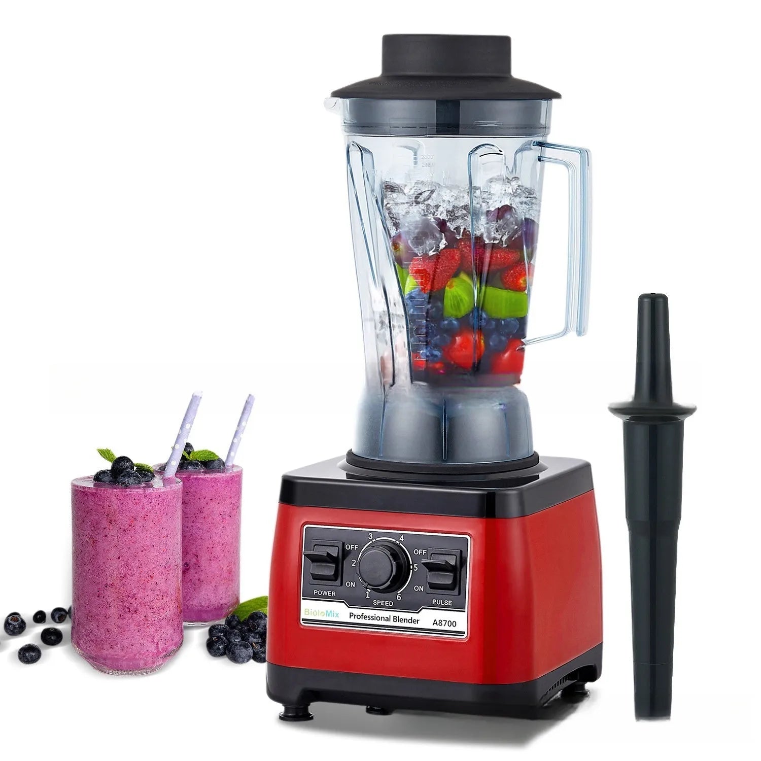 Red commercial blender with 2200W motor and 2L capacity for professional catering use