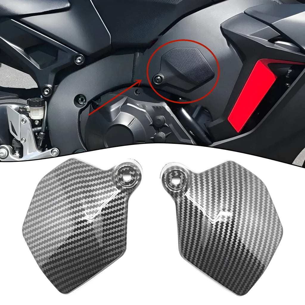 Pair of black carbon fibre style ABS plastic side upper frame covers for Honda CBR1000RR motorcycle.