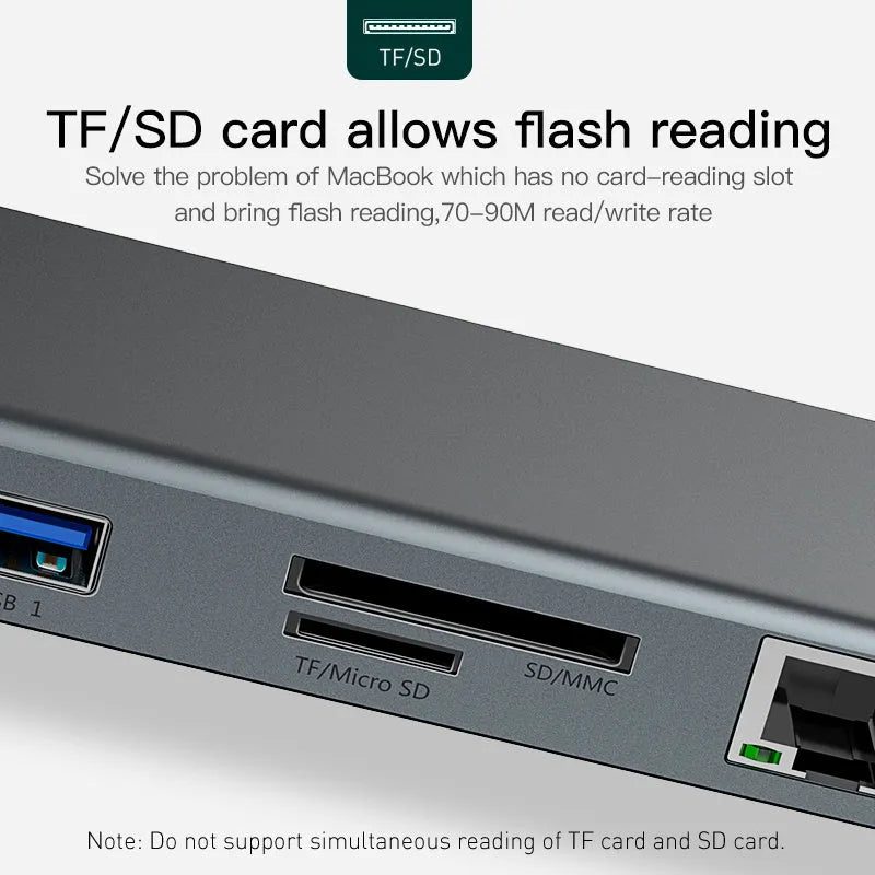 Grey 10-port aluminium docking station with cooling bracket showing HDMI, VGA, and USB connections