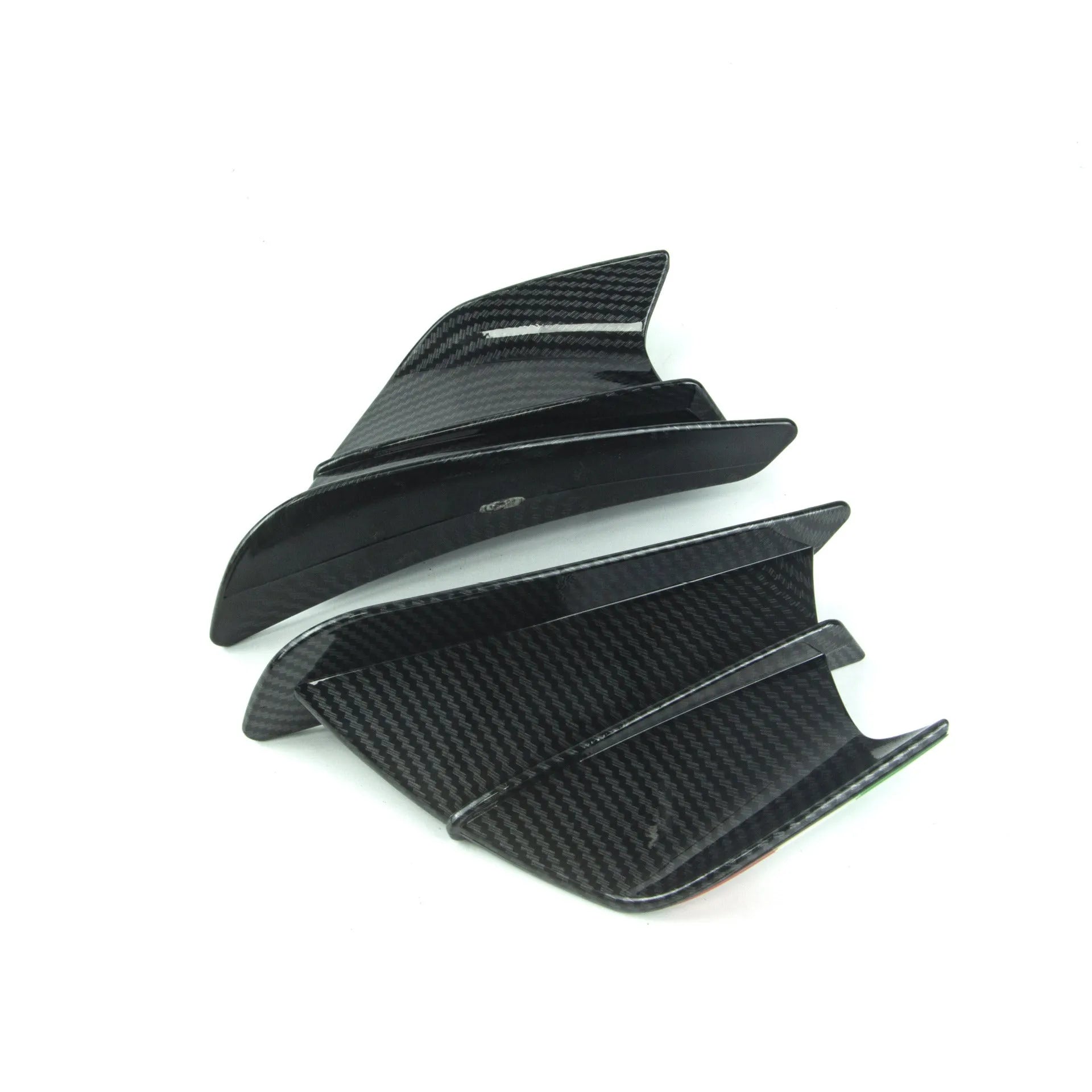 Universal motorcycle spoiler wing accessory in glossy carbon fibre pattern, dimensions 18cm by 8cm