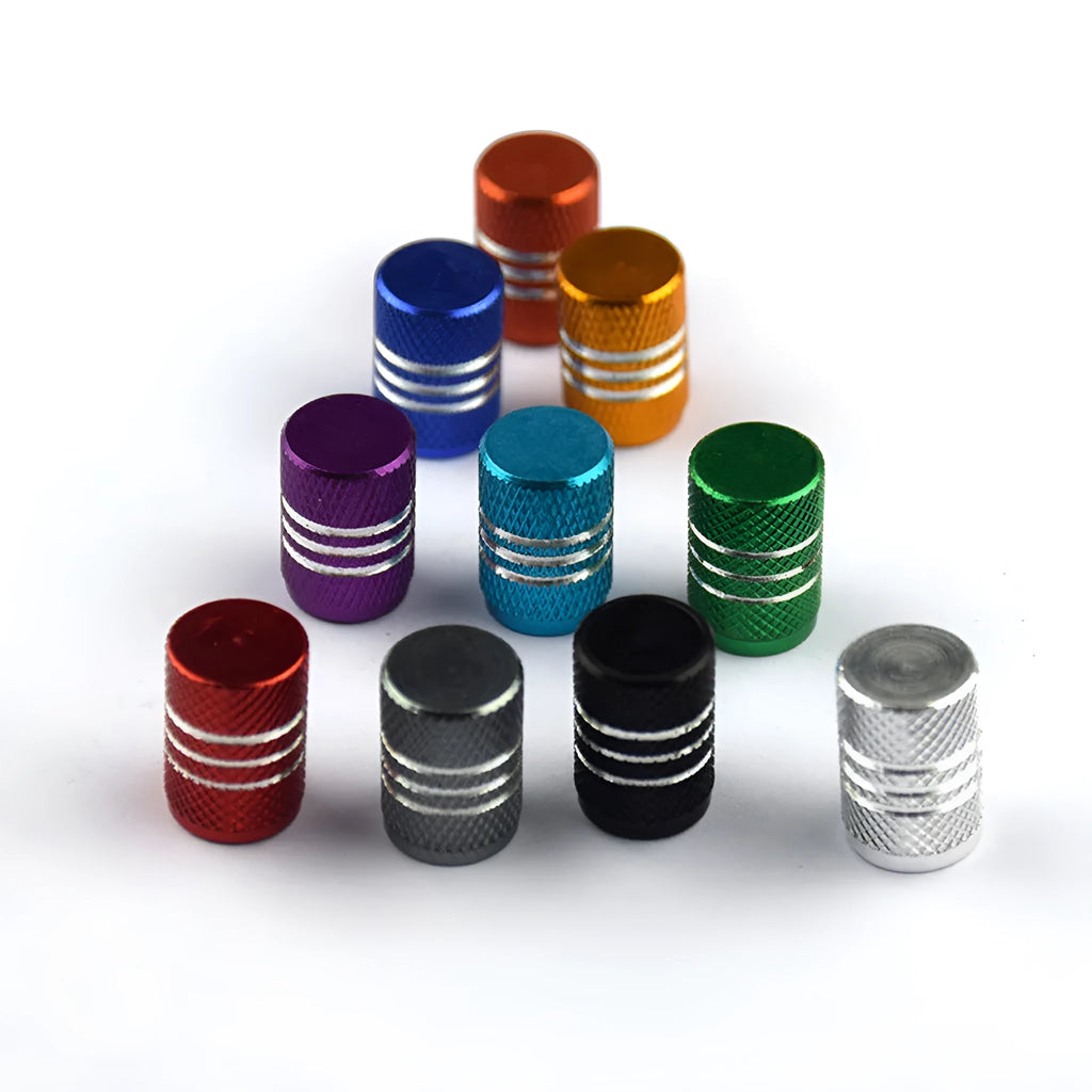 Set of coloured aluminium alloy car tyre valve caps in black, red, blue, gold, silver, green, purple, sky blue, grey, and orange