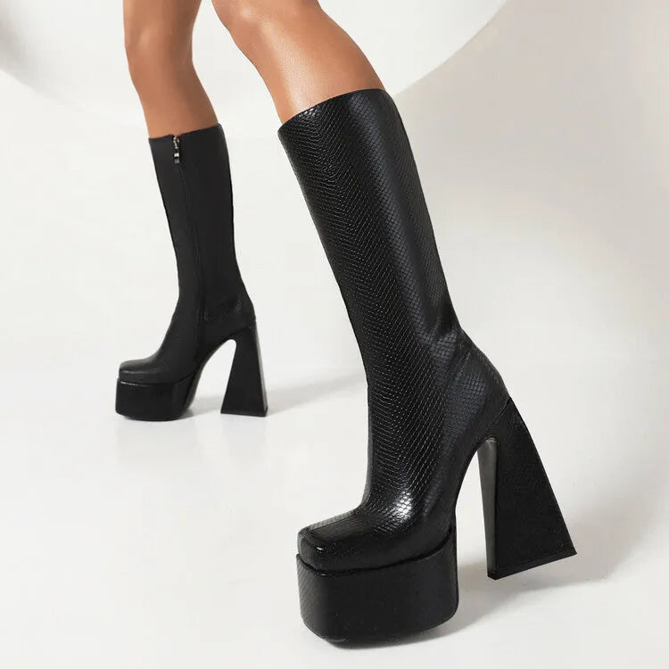 Women's casual high boots in black, red, blue, and white, made from synthetic PU.