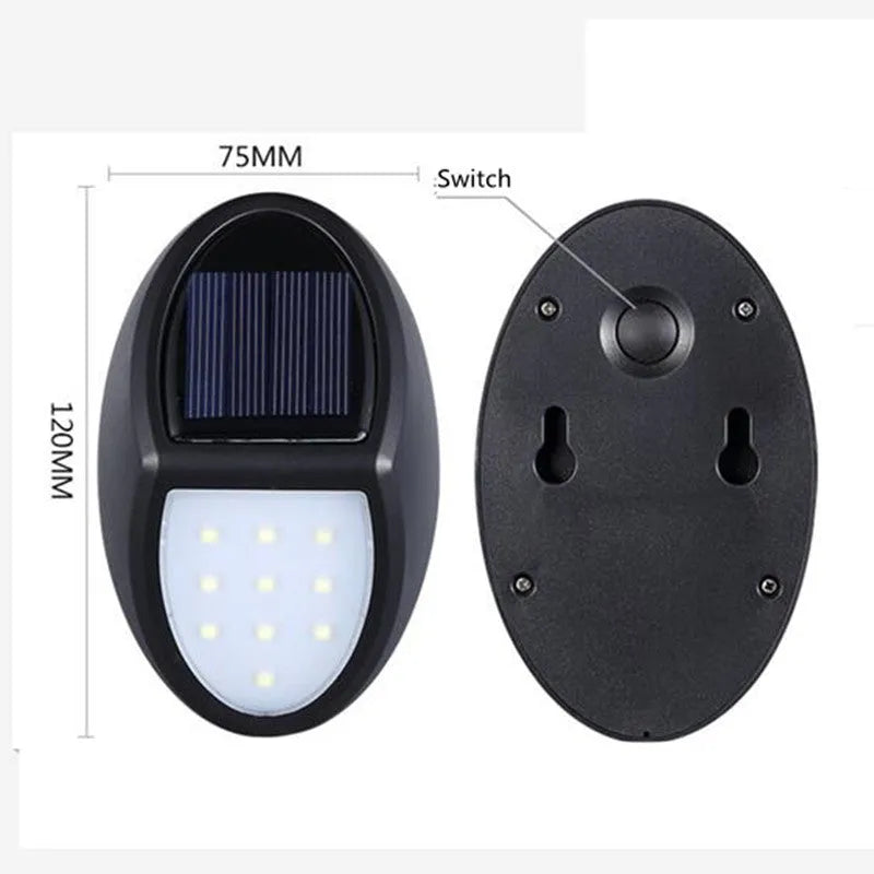 Black LED solar wall light with solar panel showing 75mm x 120mm dimensions