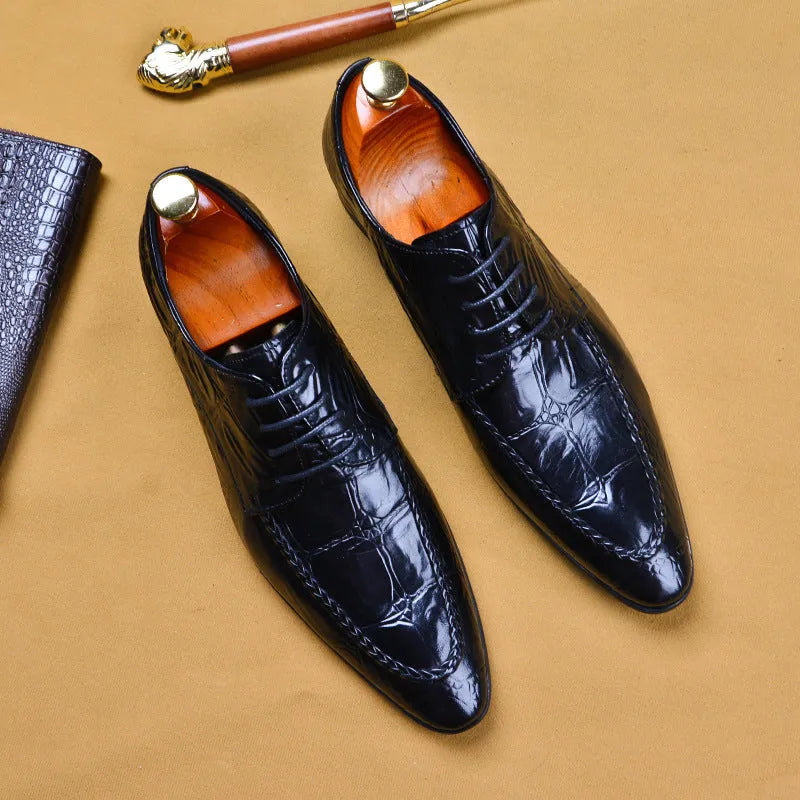 Men's black leather shoes with alligator pattern texture and horse bit buckle detail