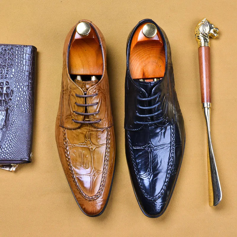 Men's black leather shoes with alligator pattern texture and horse bit buckle detail