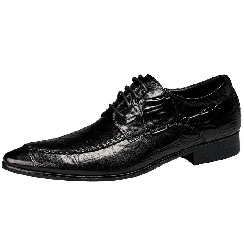 Men's black leather shoes with alligator pattern texture and horse bit buckle detail