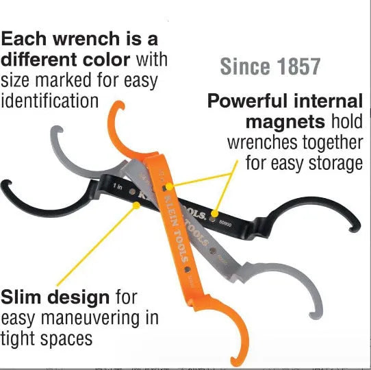 Crescent magnetic suction and catheter locking wrench three-piece set in orange, grey, and black.