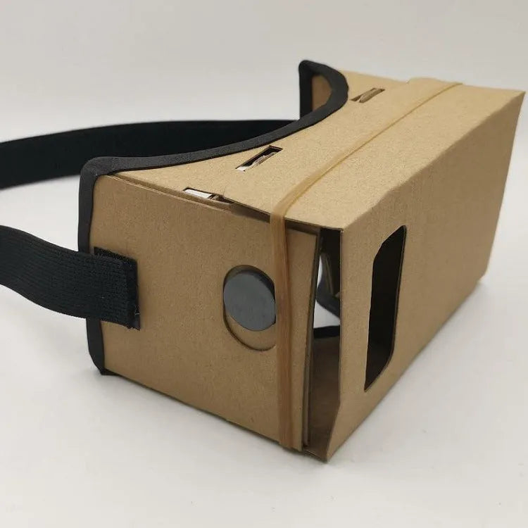 Pink and white cardboard VR glasses for smartphones with 3D lenses and a rubber strap.