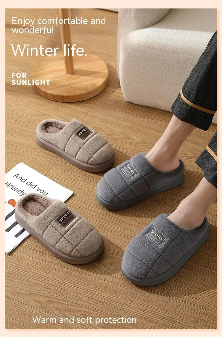 Men's plaid cotton winter slippers with rabbit hair upper and thick EVA sole in brown colour