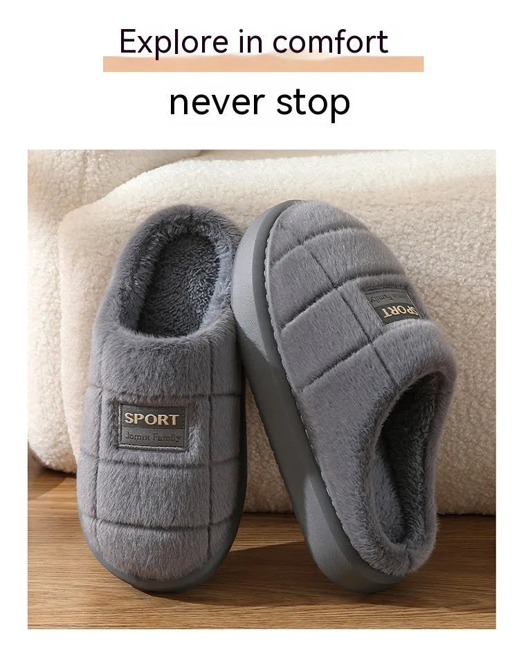 Men's plaid cotton winter slippers with rabbit hair upper and thick EVA sole in brown colour