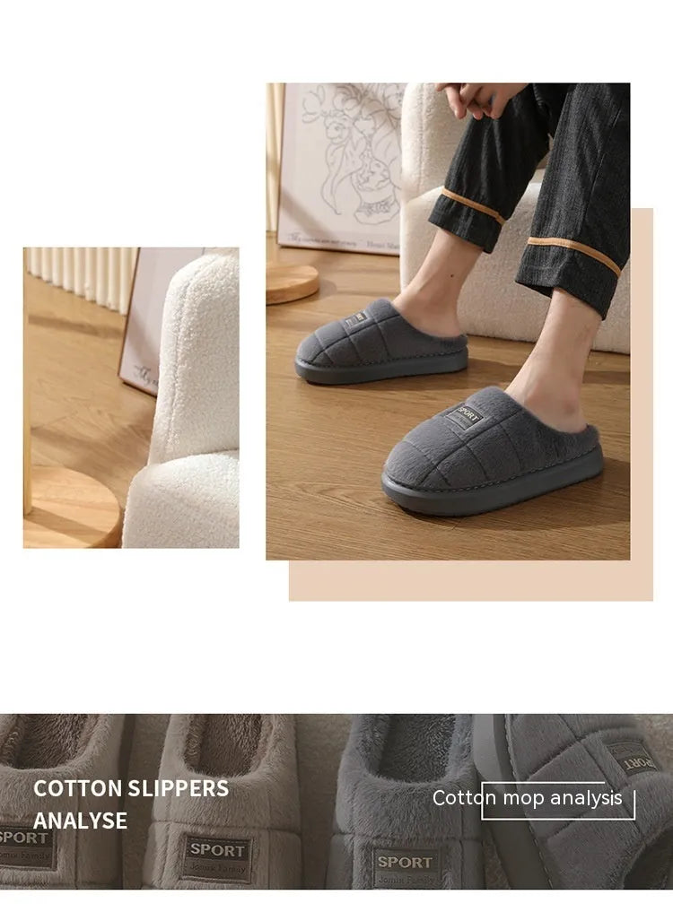 Men's plaid cotton winter slippers with rabbit hair upper and thick EVA sole in brown colour