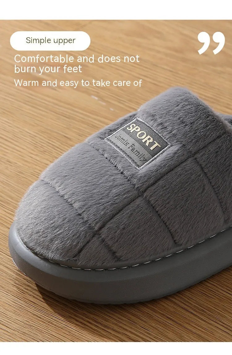 Men's plaid cotton winter slippers with rabbit hair upper and thick EVA sole in brown colour