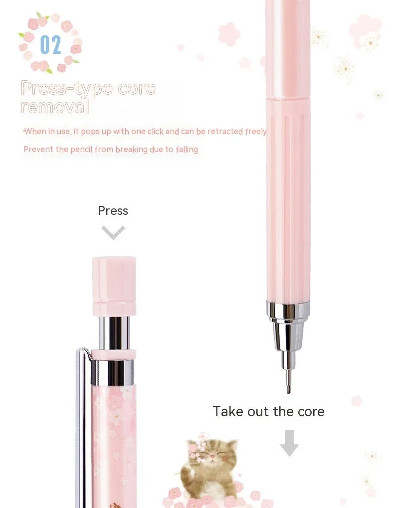 Cartoon design automatic pencil set with three 0.5mm pencils and HB refill boxes on a white background.