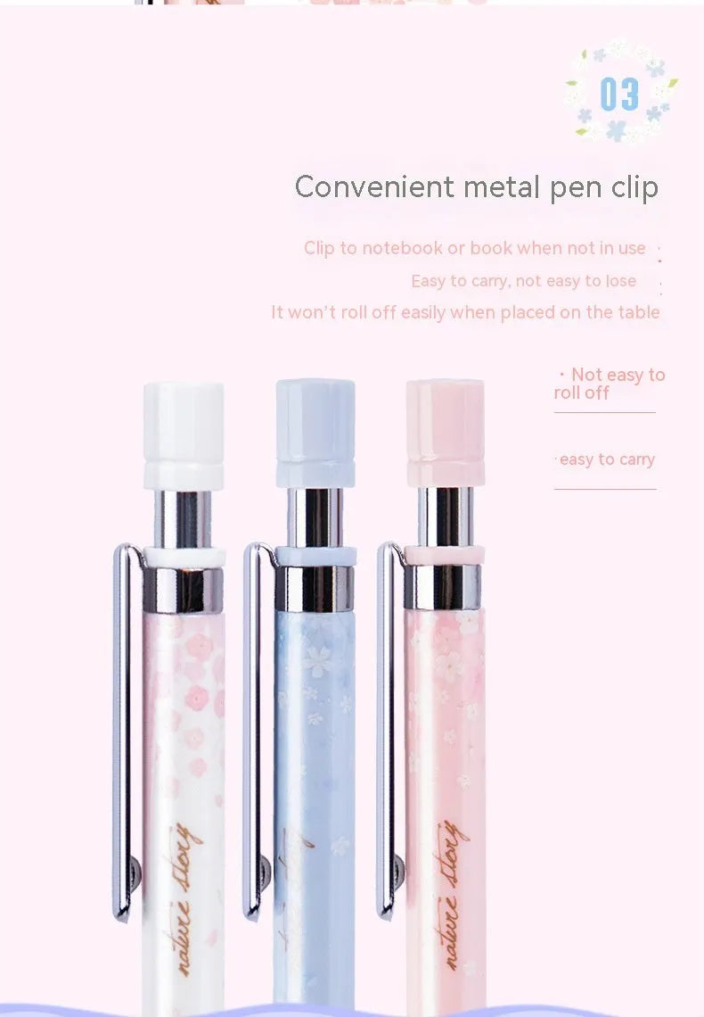 Cartoon design automatic pencil set with three 0.5mm pencils and HB refill boxes on a white background.