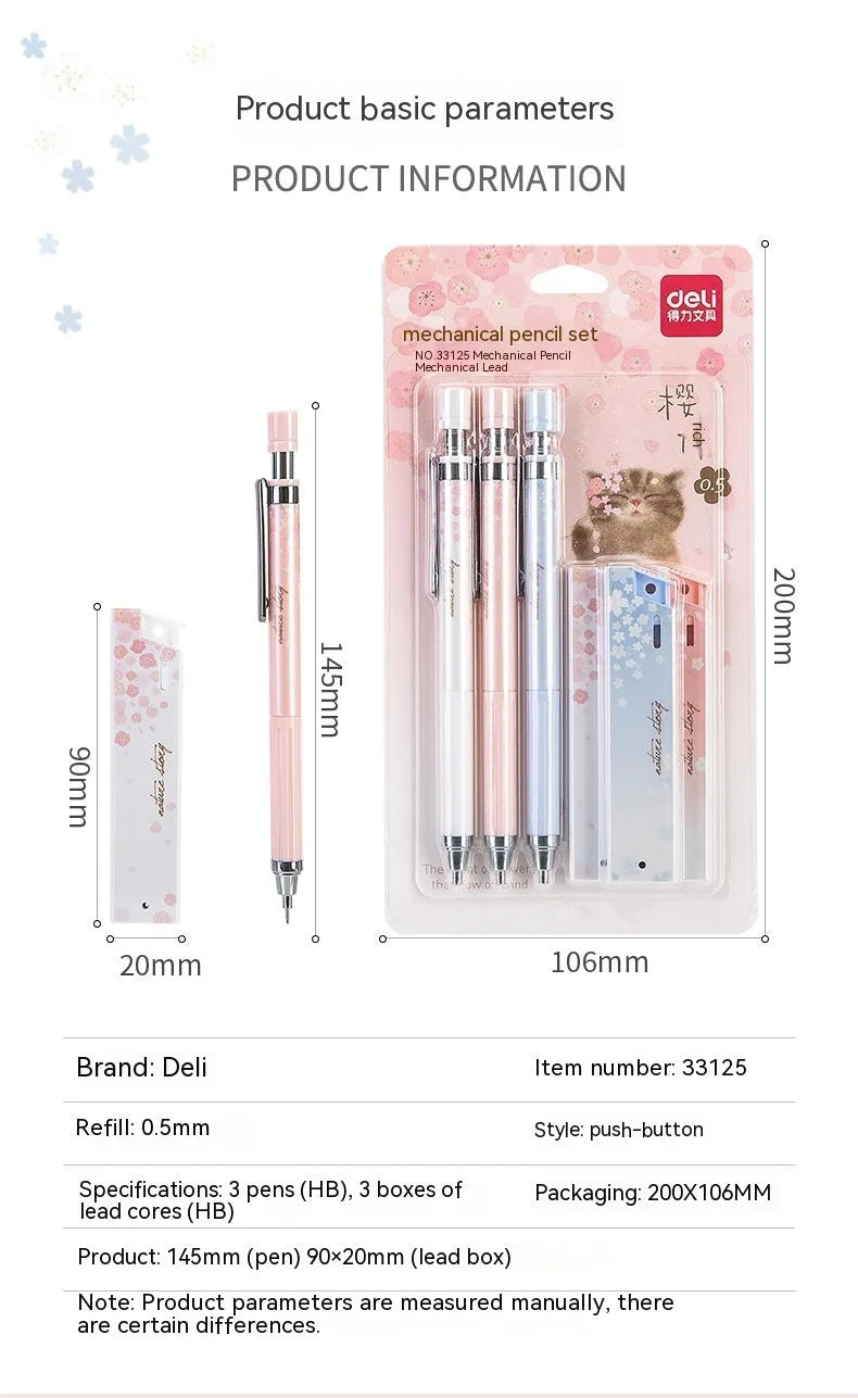 Cartoon design automatic pencil set with three 0.5mm pencils and HB refill boxes on a white background.