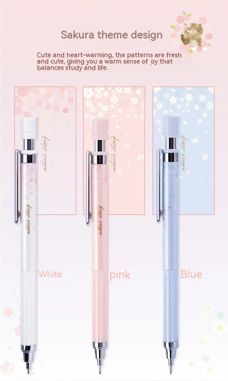 Cartoon design automatic pencil set with three 0.5mm pencils and HB refill boxes on a white background.