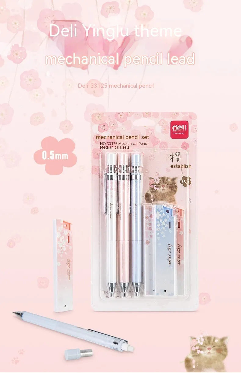 Cartoon design automatic pencil set with three 0.5mm pencils and HB refill boxes on a white background.