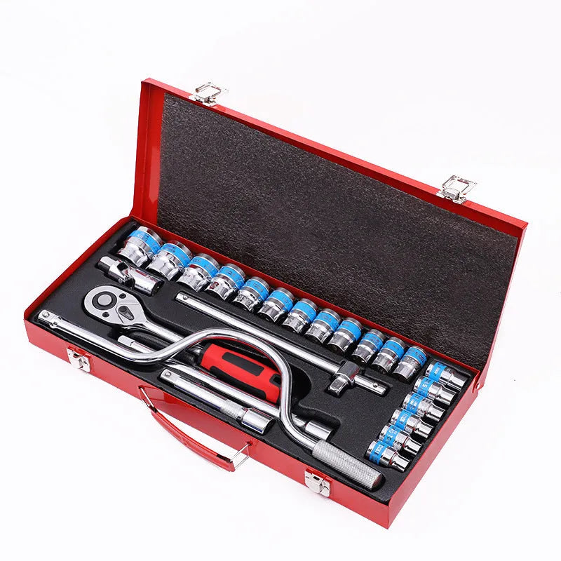 24-piece curved bow car repair wrench combination suit in storage case with chrome vanadium steel sockets
