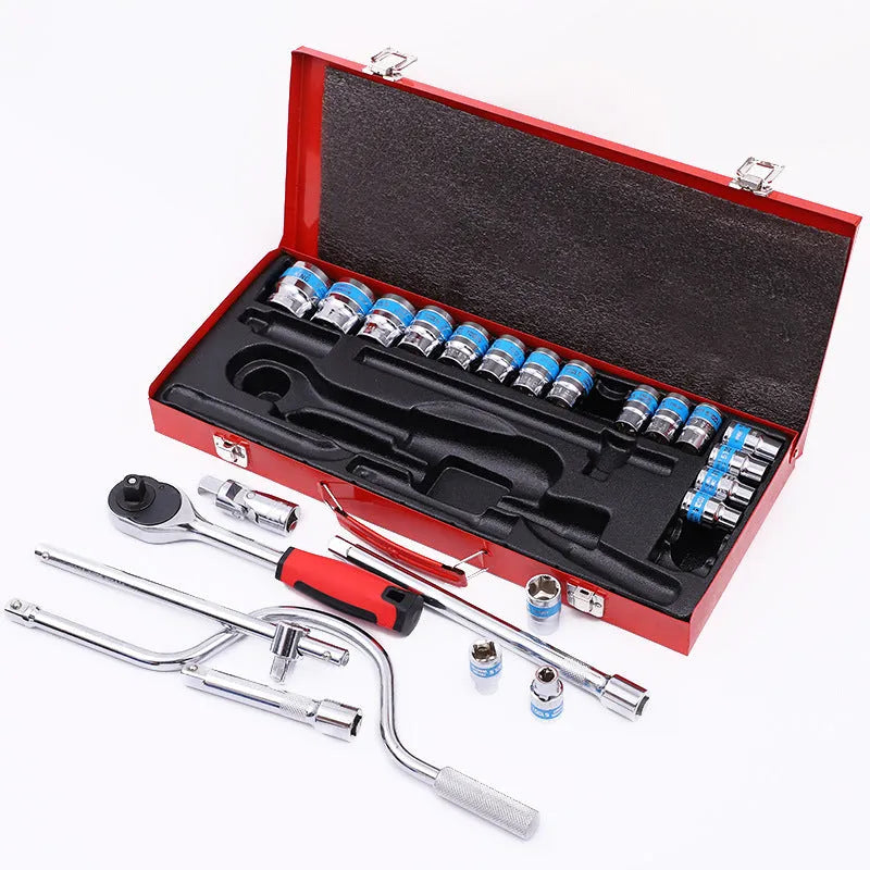 24-piece curved bow car repair wrench combination suit in storage case with chrome vanadium steel sockets