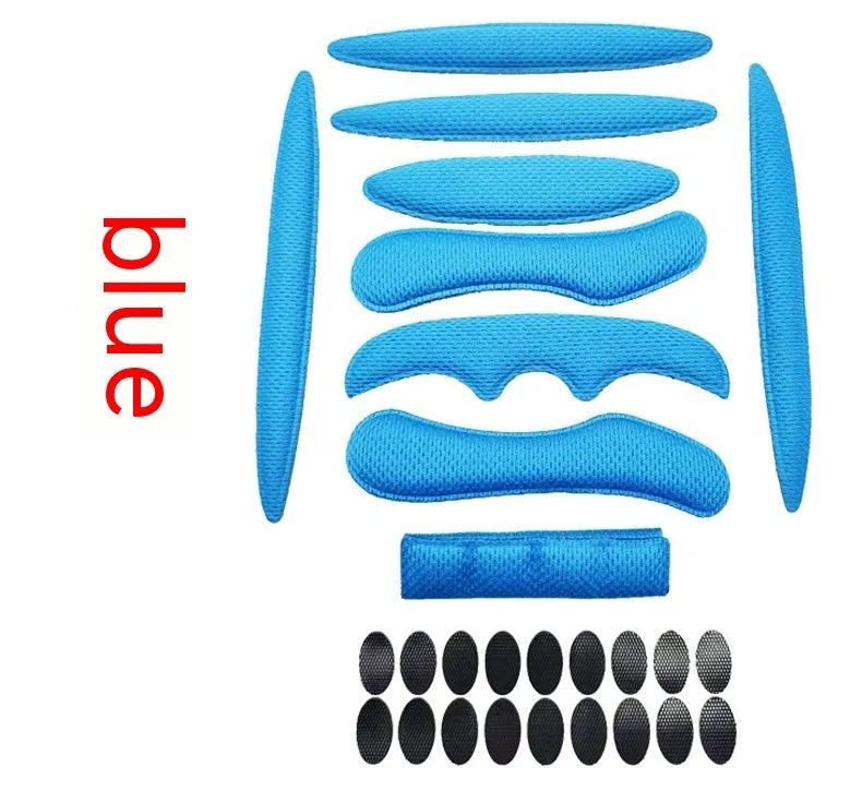 Cycling helmet breathable sponge liner with velcro chin strap in blue, black, red, and grey colours.